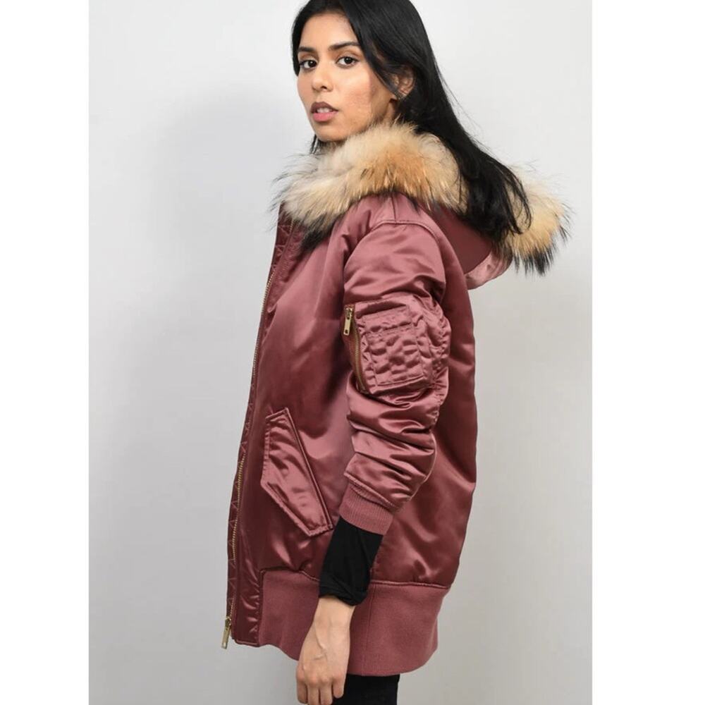 Burberry Coat Longline Bomber Jacket with Fur Trim Hood in Antique Rose Medium